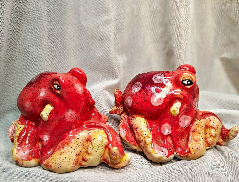 Blue Sky Red Octopus Ceramic Salt & Pepper Shakers set of 2